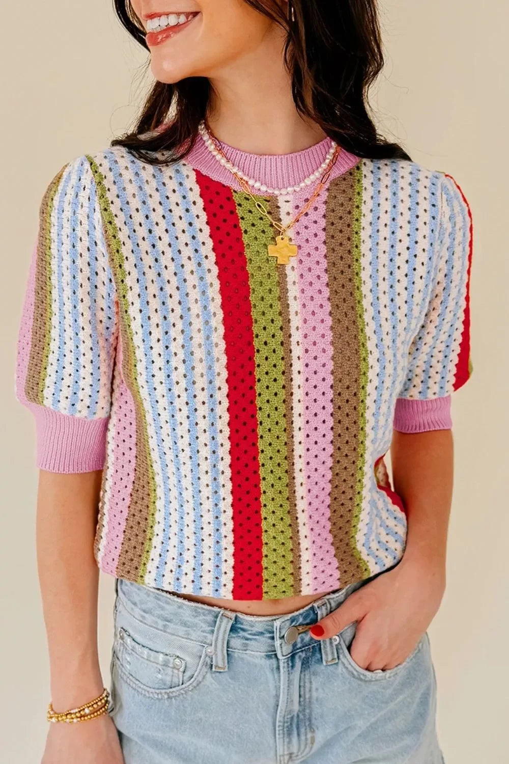 Openwork Striped Crochet Knit Short Sleeve Top With Stretch - Southern Shores Clothing