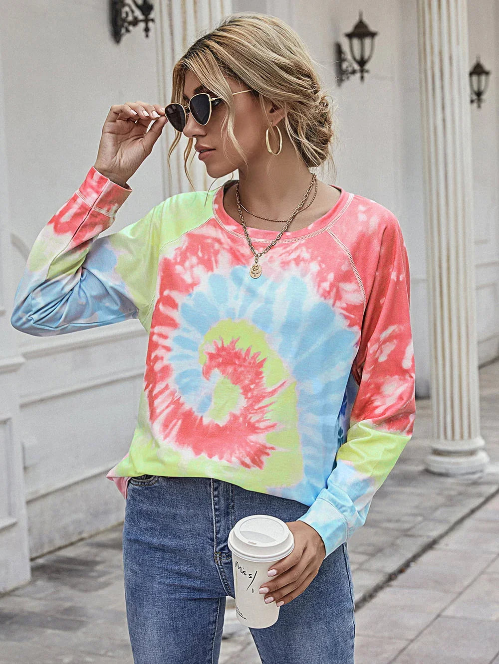 Printed Round Neck Raglan Long Sleeve Shirt - Southern Shores Clothing
