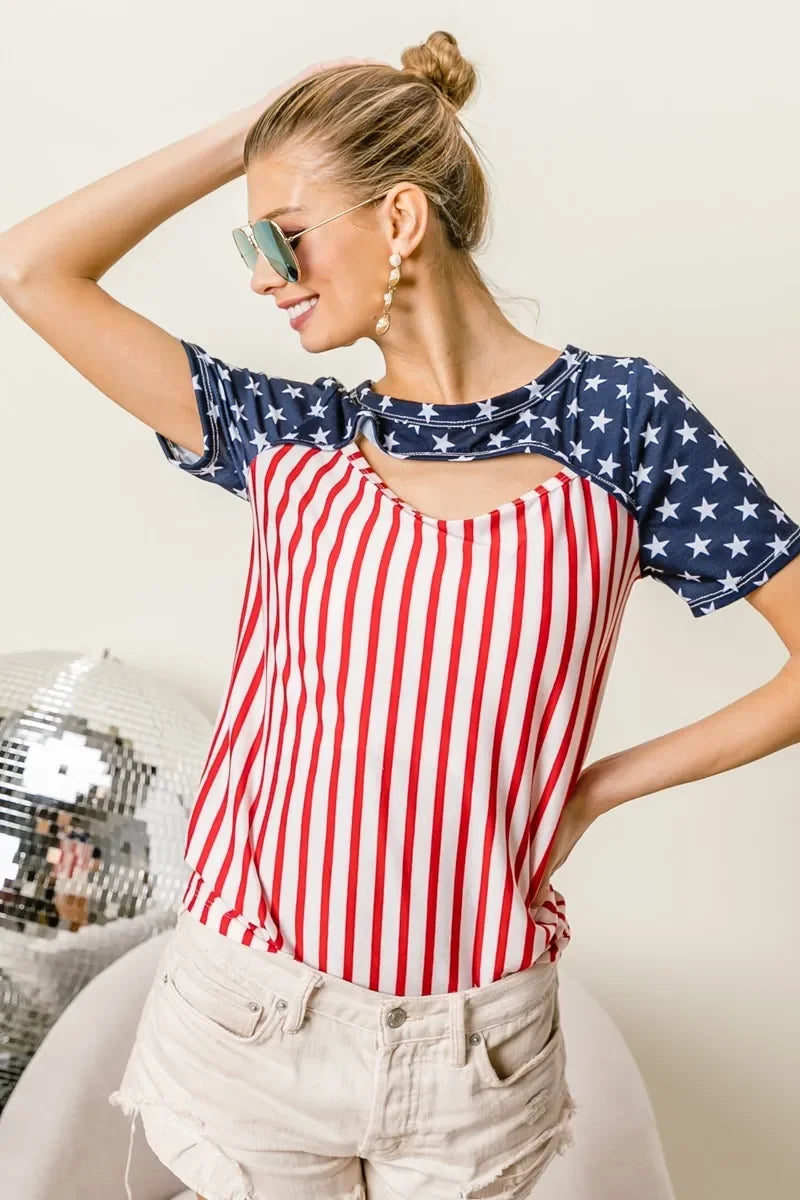 American Flag Front Cut Out T Shirt Top Lightweight - Southern Shores Clothing