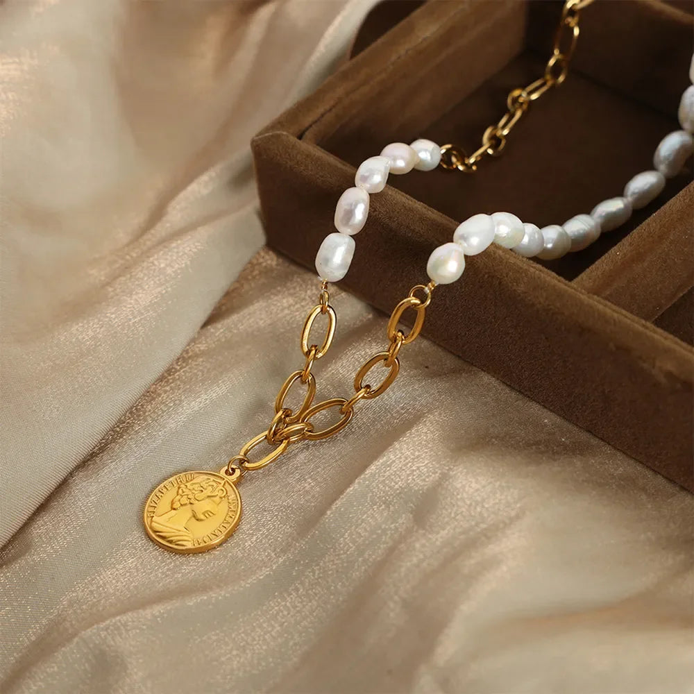 Pearl Coin Pendant Necklace With Titanium Chain Gold Plated - Southern Shores Clothing