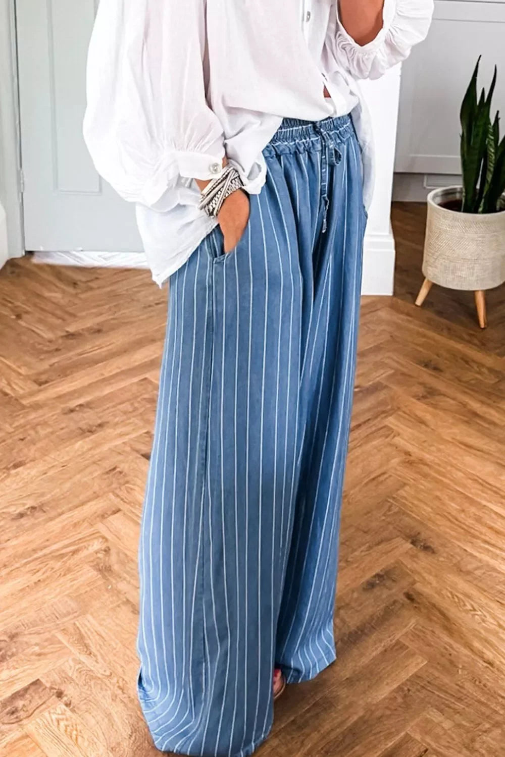 Coastal Stripe Chambray Wide Leg Jeans Tied Elastic Waist - Southern Shores Clothing