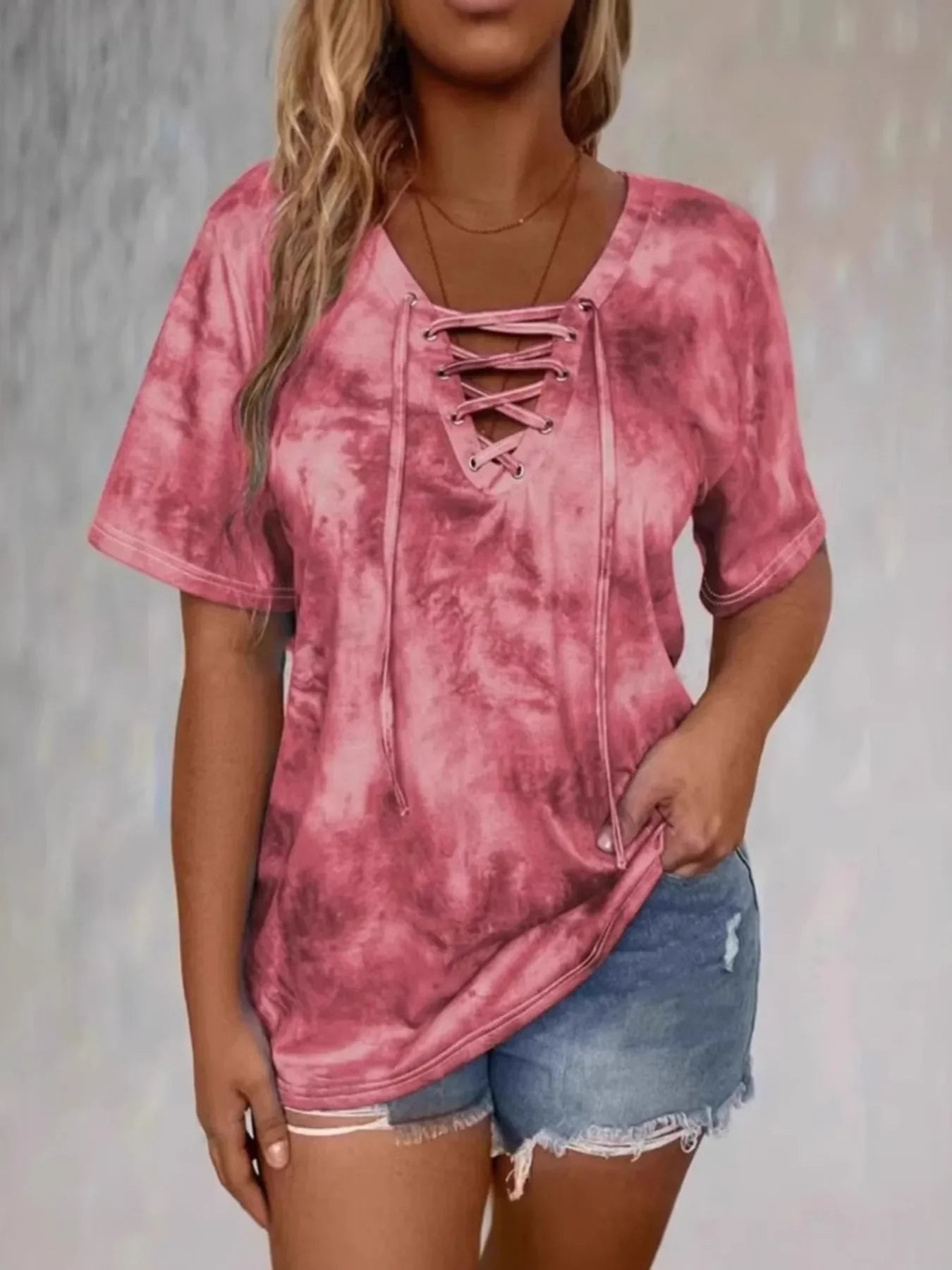 Tie Dye Lace Up V Neck Short Sleeve Casual T Shirt - Southern Shores Clothing