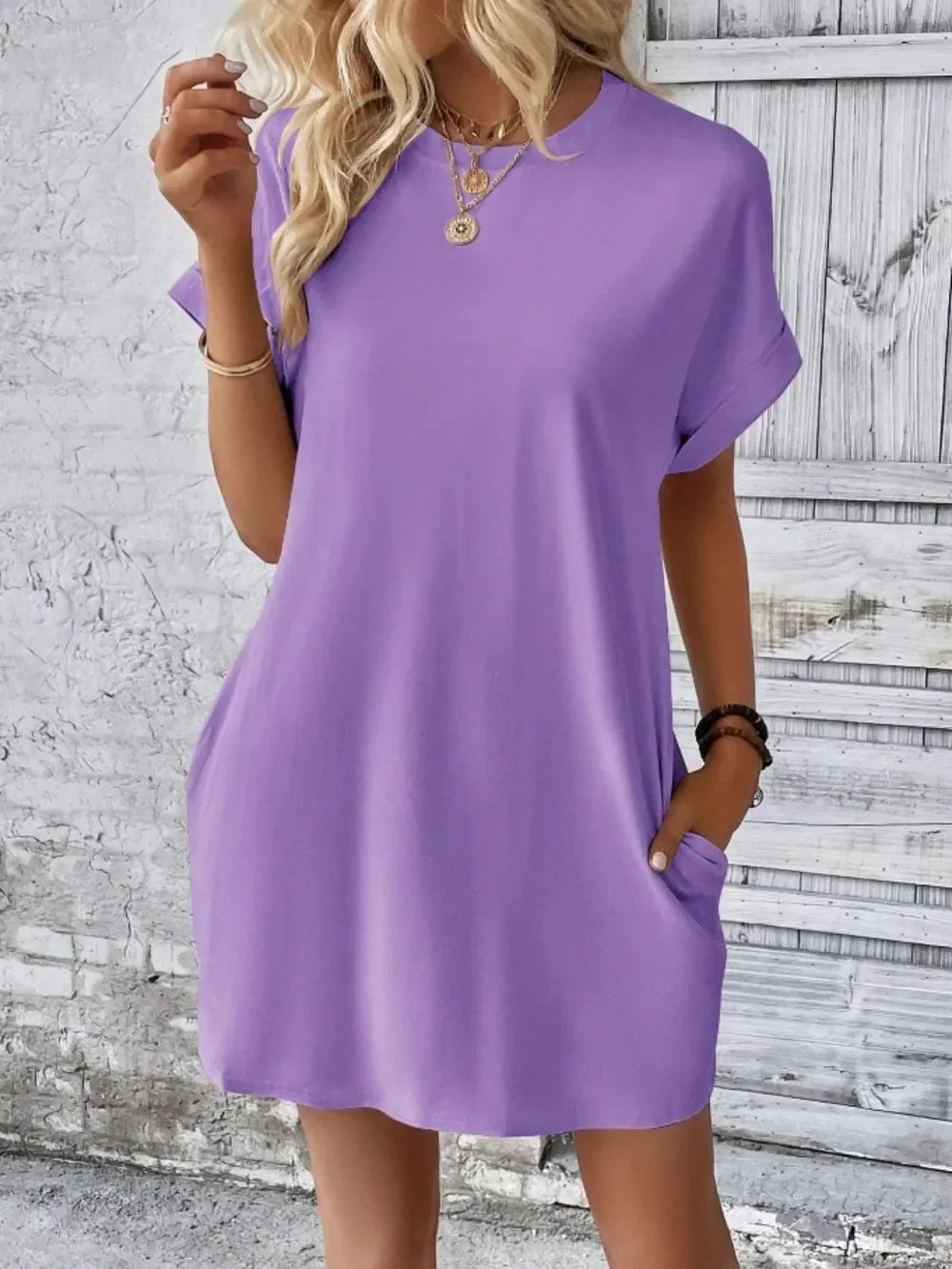 Pocketed Round Neck Short Sleeve Dress - Southern Shores Clothing