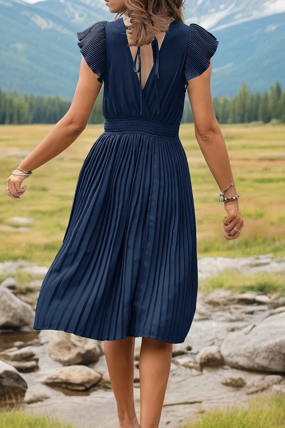 Perfee Tied Smocked Waist Flutter Sleeve Dress - Southern Shores Clothing