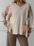 Floral Patch Block V-Neck T-Shirt Everyday Style - Southern Shores Clothing