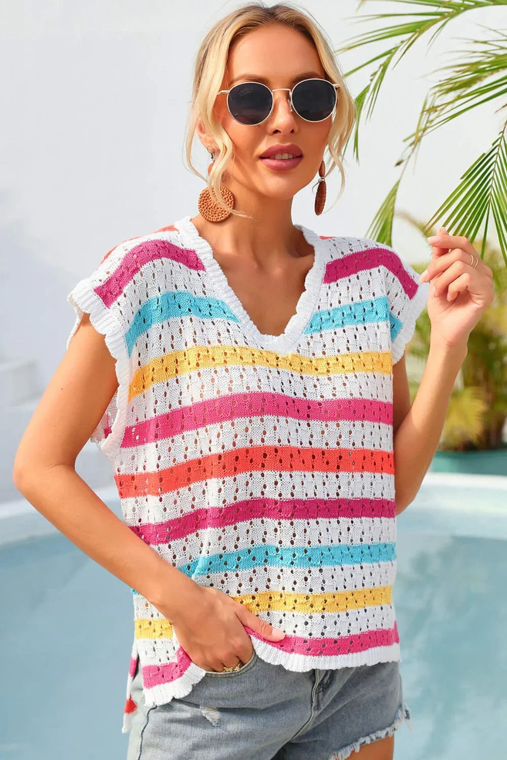 Angel Wings Striped V-Neck Slit Cover Up - Southern Shores Clothing
