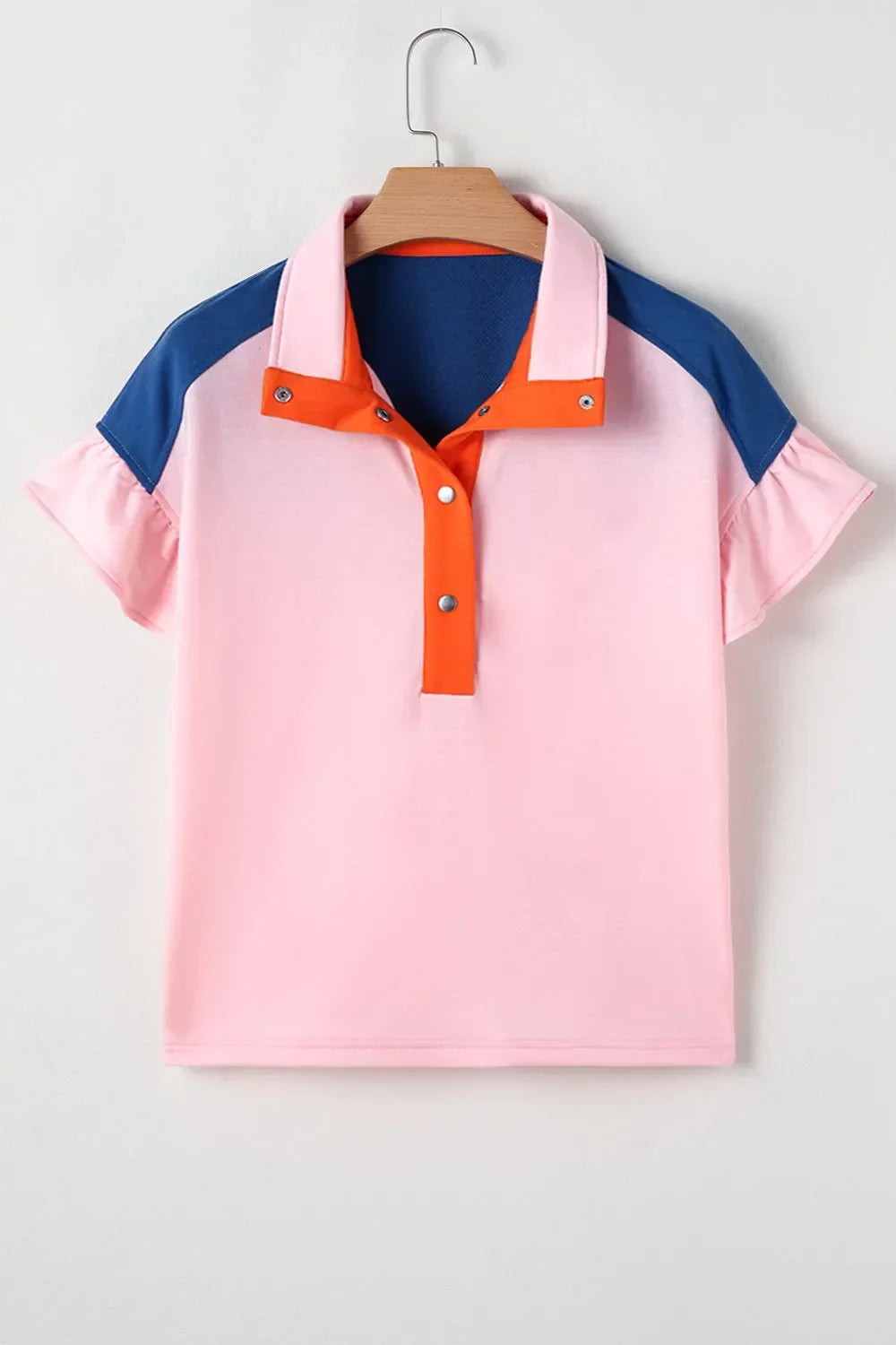 Color Block Half Buttoned Ruffled Short Sleeve Tee - Southern Shores Clothing