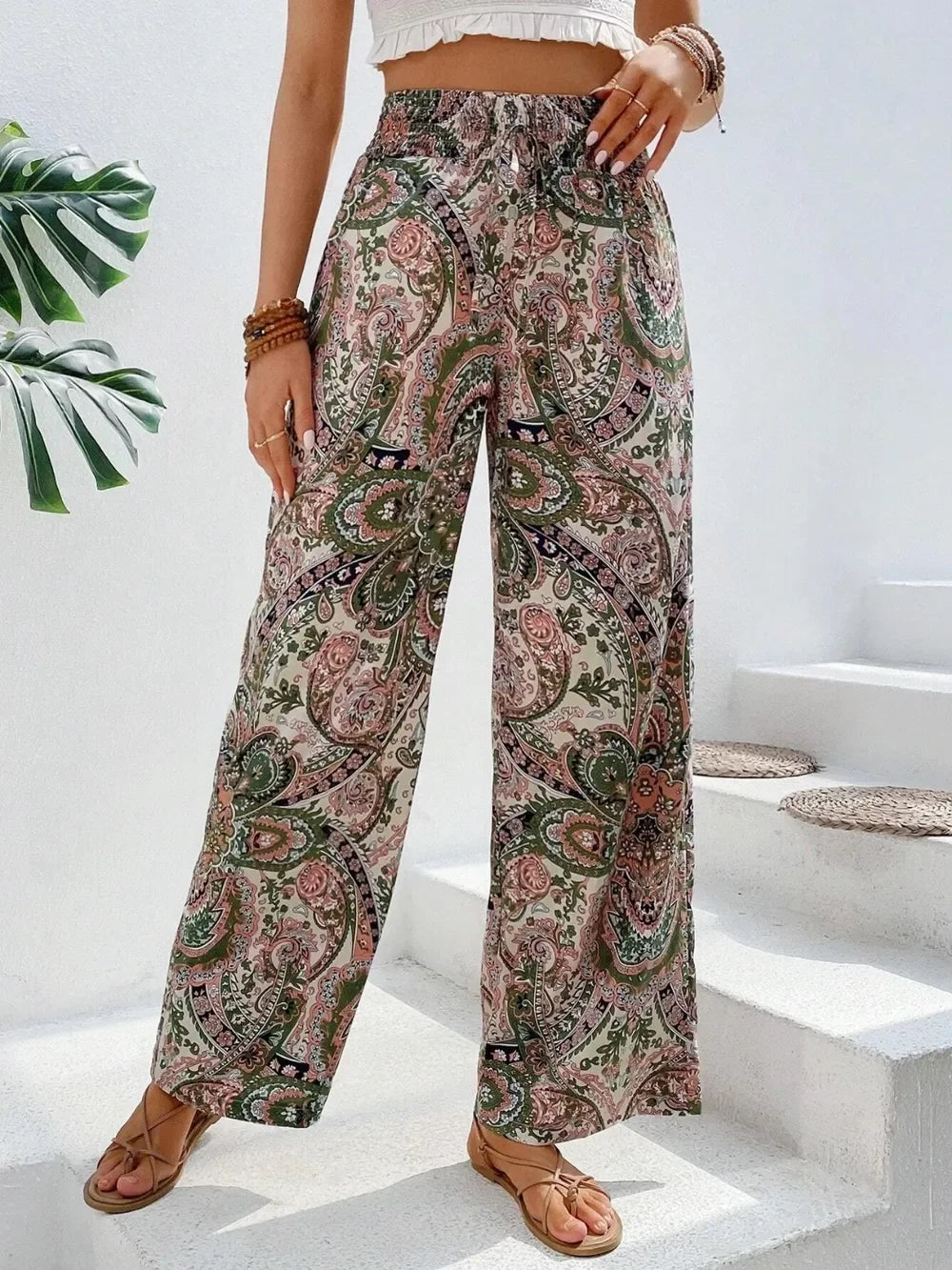 Printed Wide Leg Pants With Paisley Print Drawstring Waist - Southern Shores Clothing