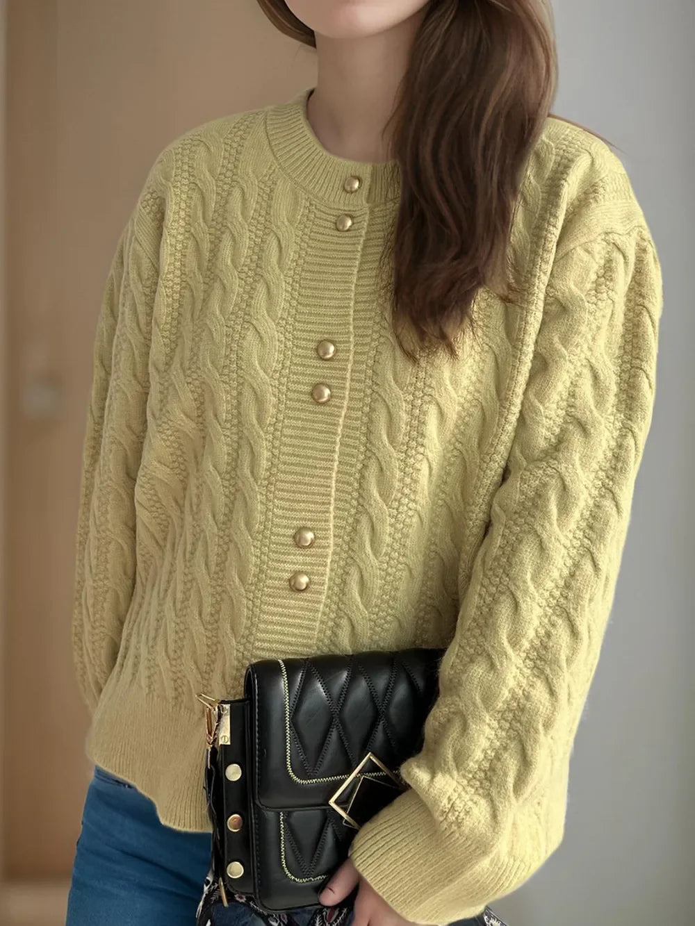Cable-Knit Round-Neck Long Sleeve Cardigan Buttoned - Southern Shores Clothing