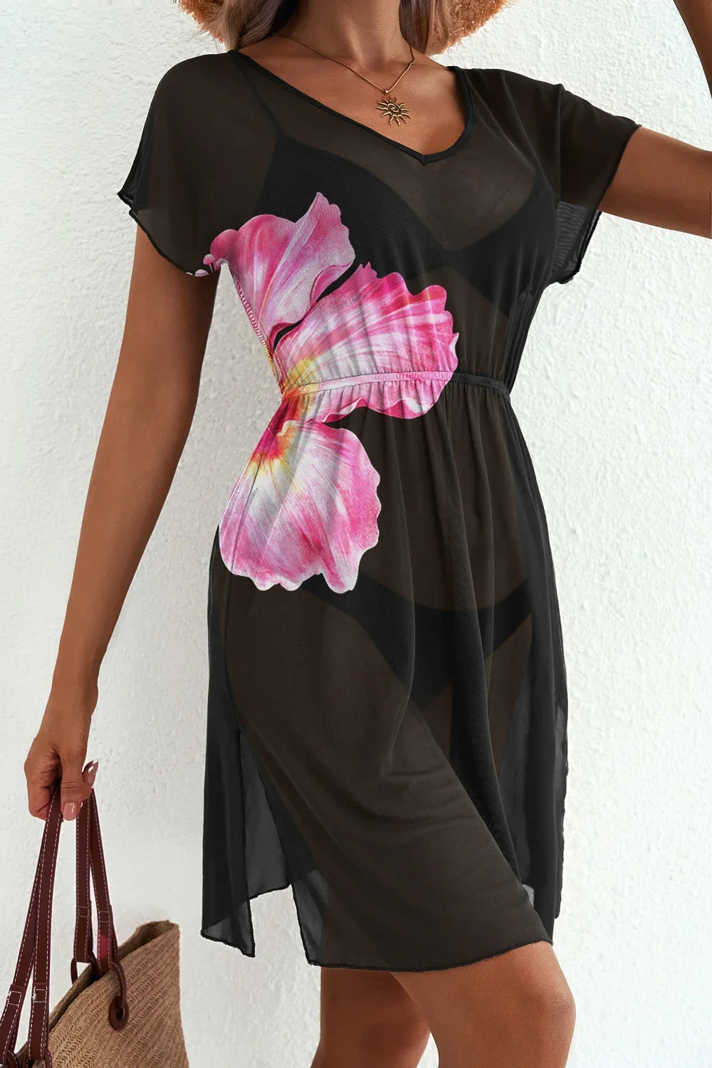 Floral Print V Neck Semi Sheer Cover Up Dress With Flowing Skirt - Southern Shores Clothing