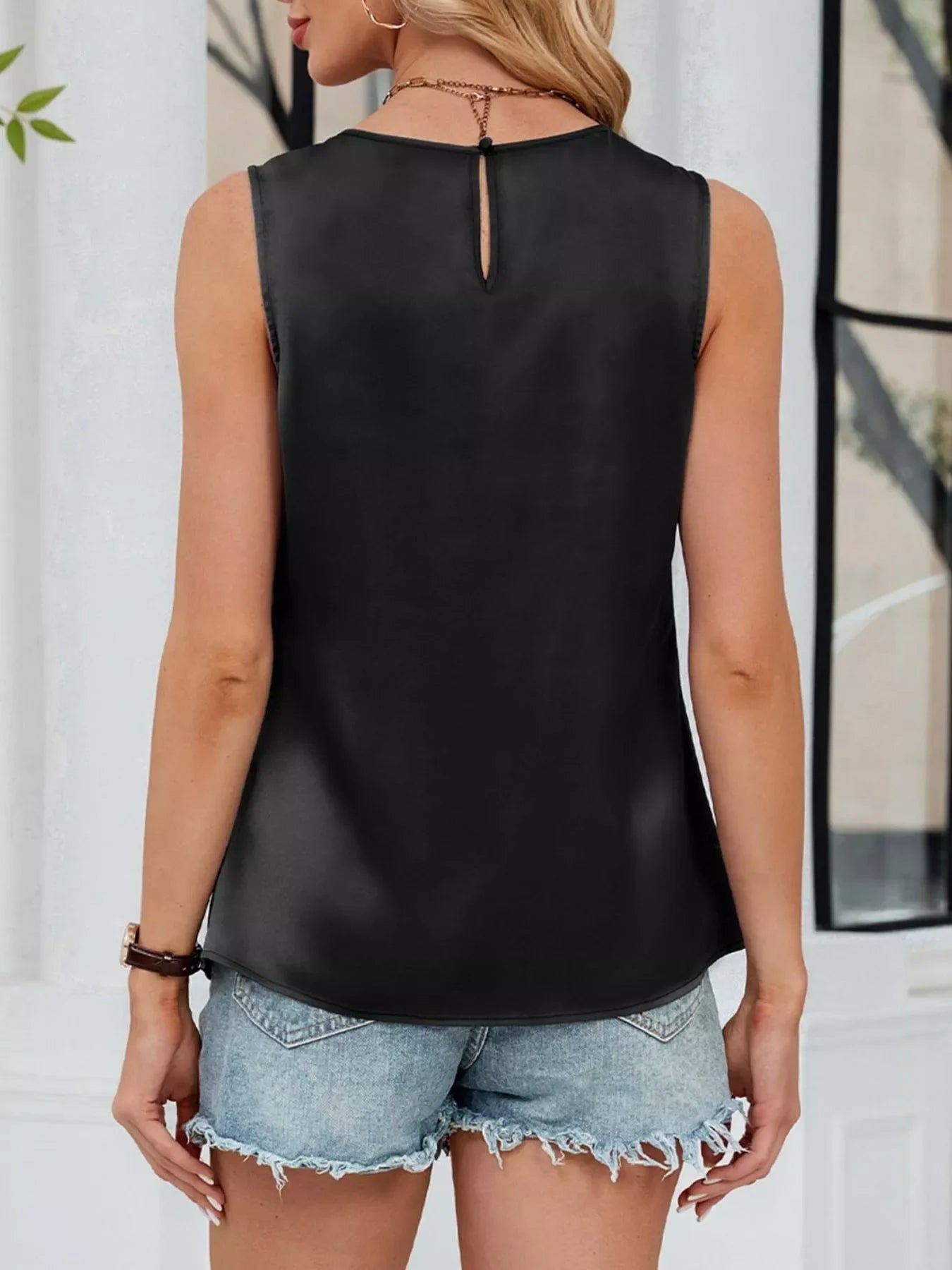 Pleated Round Neck Tank Top With Front Pleats And Buttoned Detail - Southern Shores Clothing
