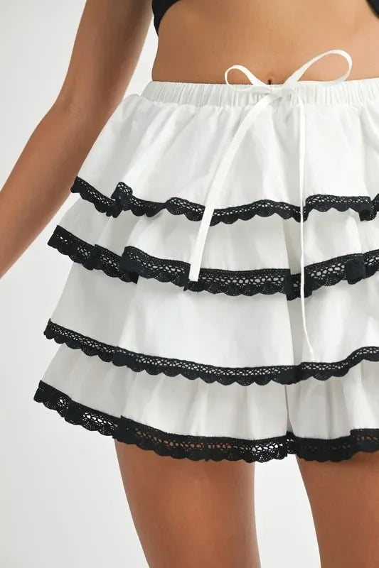 Poplin Ruffle Layered Contrast Lace Trim Mini Skirt - Southern Shores Clothing