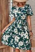 Floral Round Neck Tie Belt Pleated Dress - Southern Shores Clothing