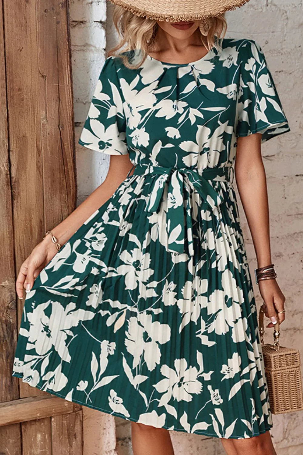 Floral Round Neck Tie Belt Pleated Dress - Southern Shores Clothing