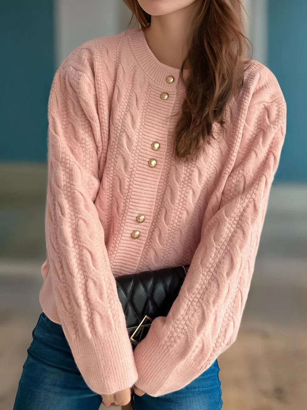 Cable-Knit Round-Neck Long Sleeve Cardigan Buttoned - Southern Shores Clothing