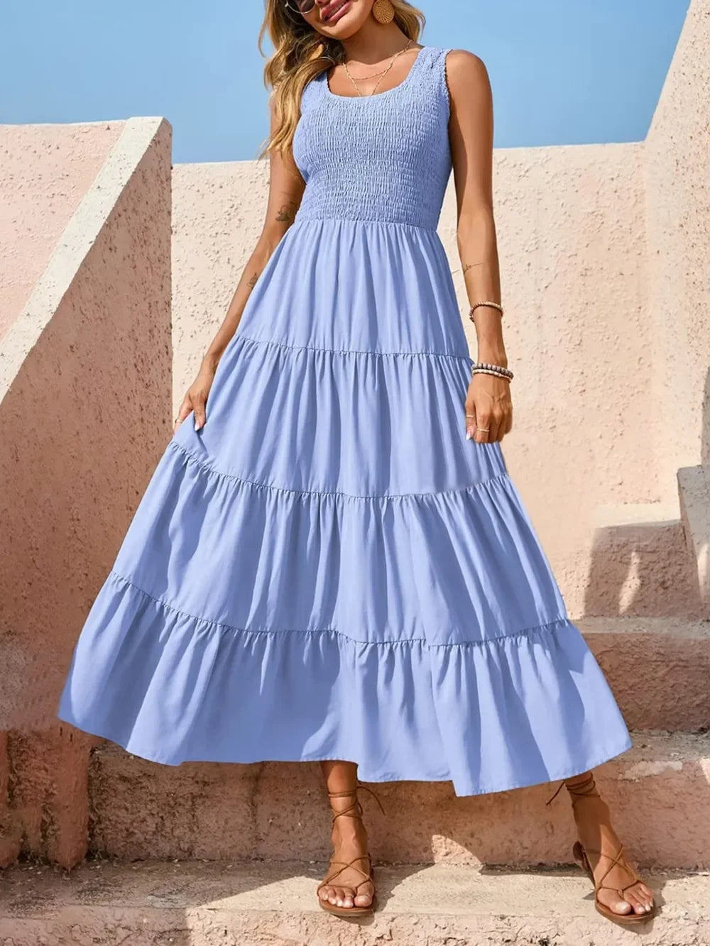 Tiered Smocked Wide Strap Maxi Beach Dress - Southern Shores Clothing