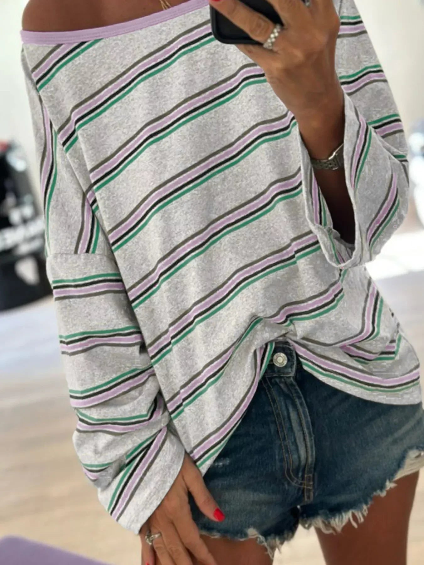 Stretch Stripe Oversize Drop Shoulder Long Sleeve T Shirt - Southern Shores Clothing