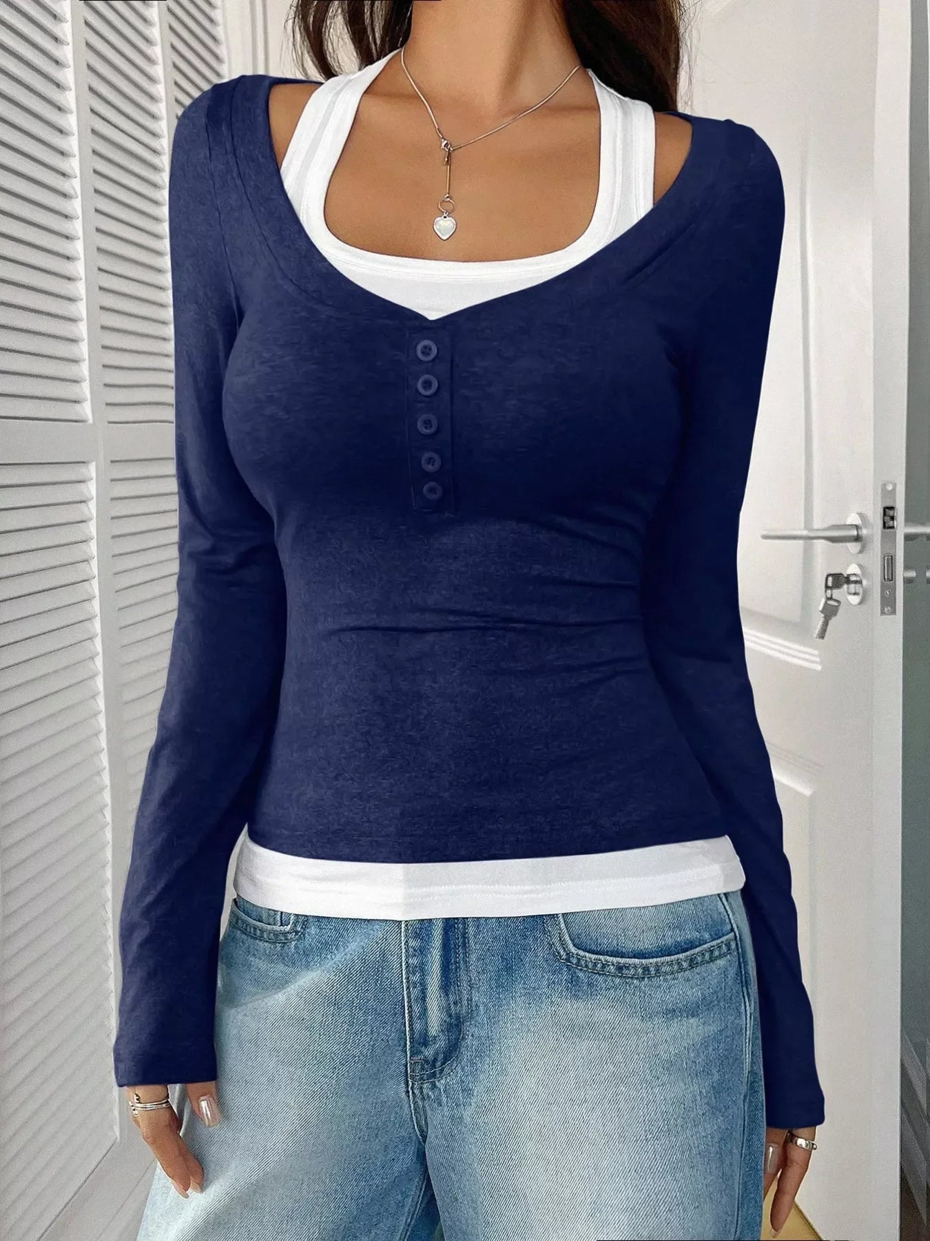 Scoop Neck Long Sleeve Fake Two-Piece T-Shirt - Southern Shores Clothing