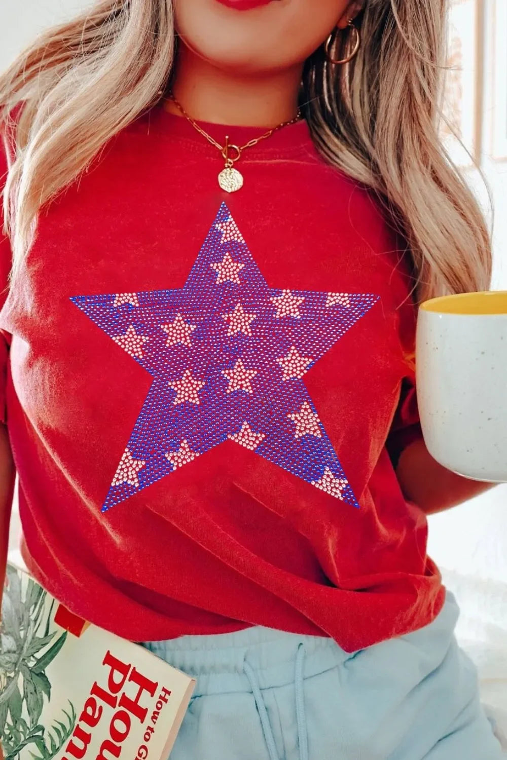 Patriotic Star Round Neck T Shirt With Rhinestones - Southern Shores Clothing