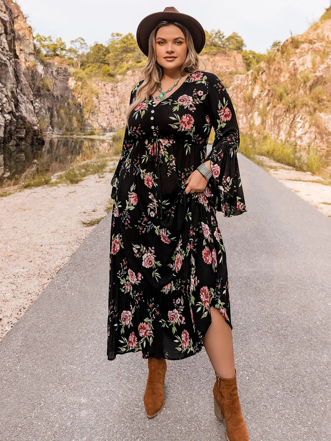 Plus Size Floral Flare Sleeve Dress - Southern Shores Clothing