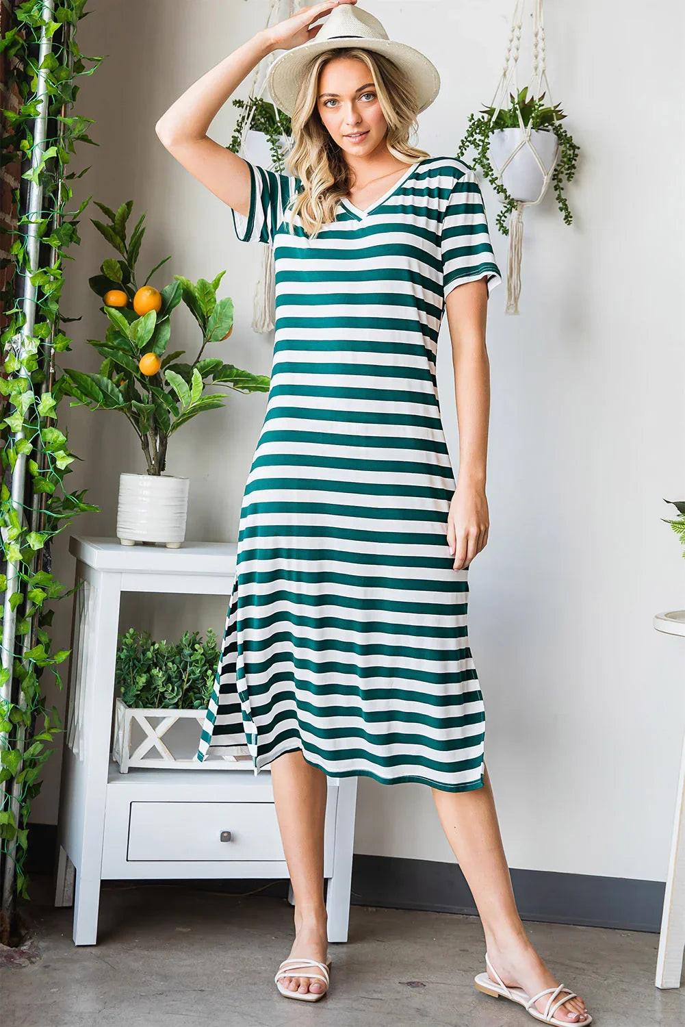 Striped V-Neck Short Sleeve Side Slit Dress - Southern Shores Clothing