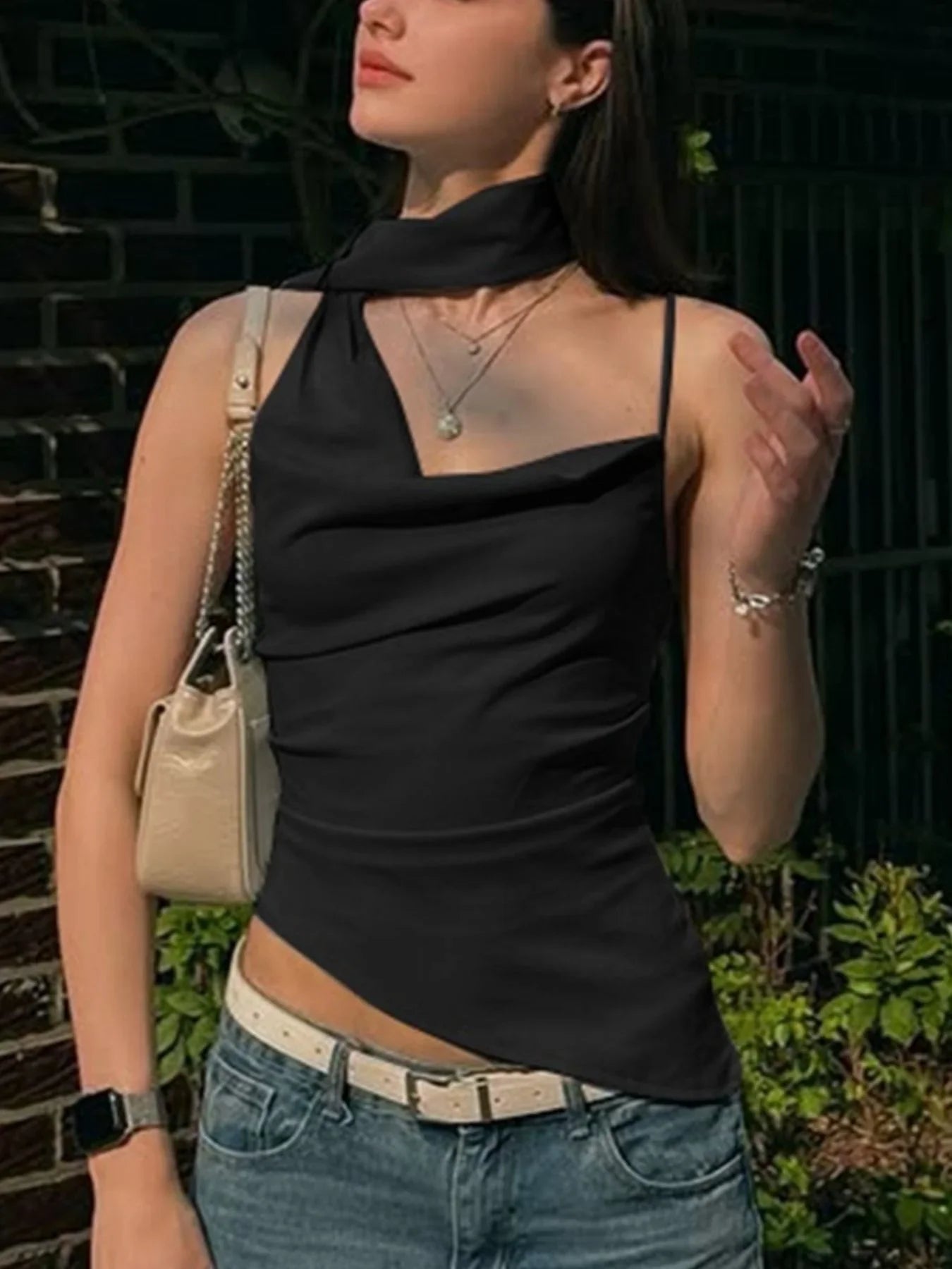 Asymmetrical Neckline Ruched Cami Top With Lightweight Stretch - Southern Shores Clothing