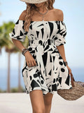 Printed Off-Shoulder Smocked Waist Dress - Southern Shores Clothing
