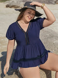 Plus Size Peplum V-Neck Short Sleeve Openwork Blouse - Southern Shores Clothing