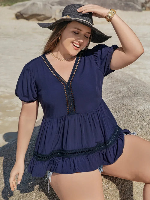 Plus Size Peplum V-Neck Short Sleeve Openwork Blouse - Southern Shores Clothing