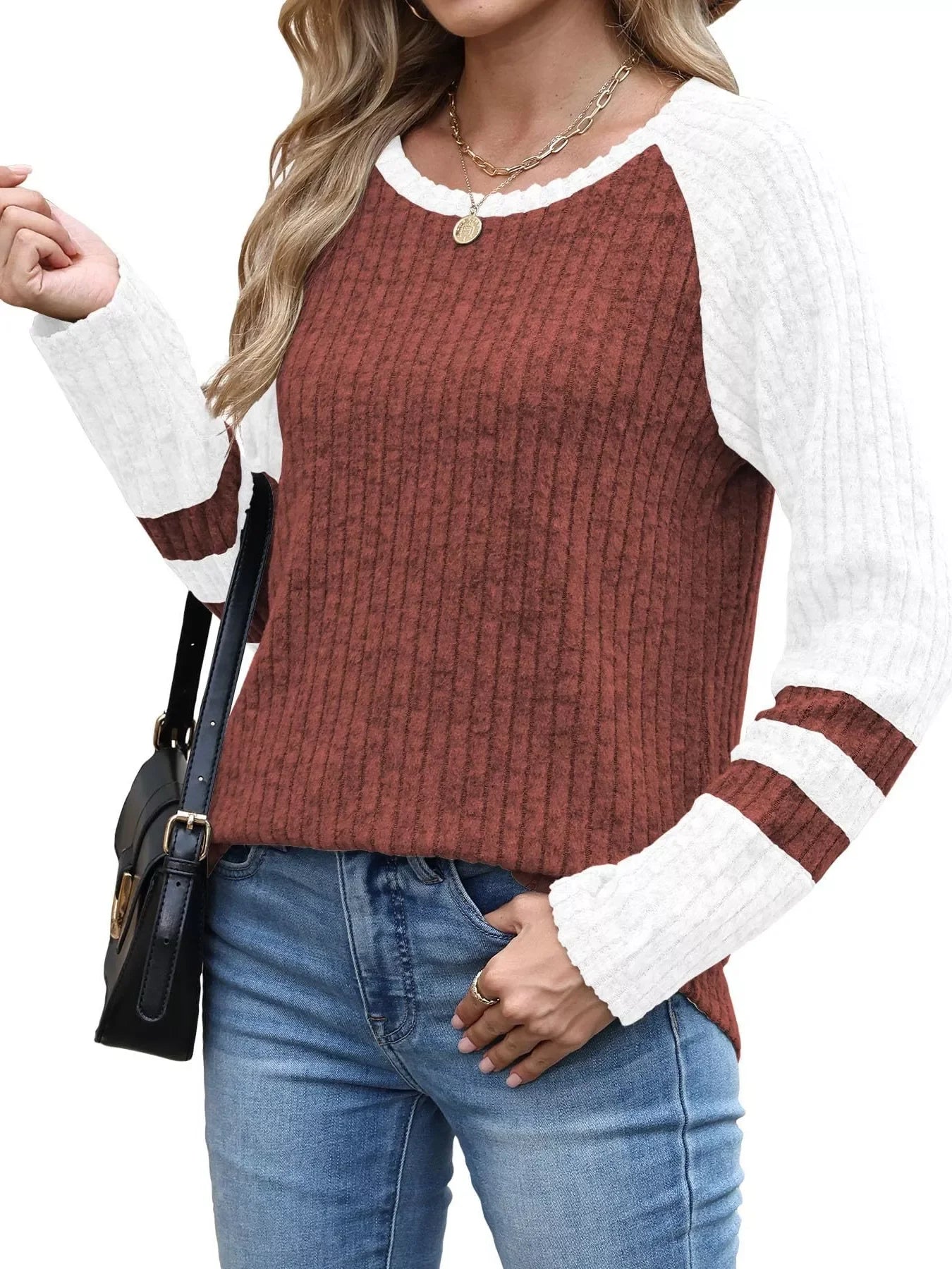 Ribbed Round Neck Raglan Sleeve Top - Southern Shores Clothing
