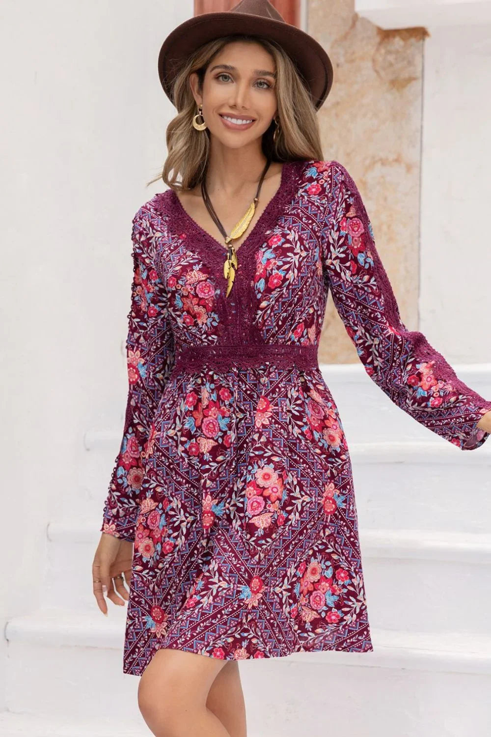 V-Neck Long Sleeve Printed Mini Dress - Southern Shores Clothing
