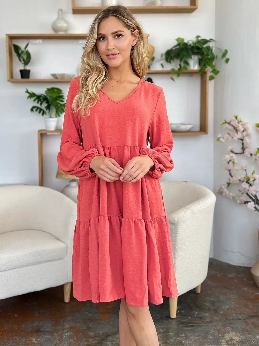 V Neck Balloon Sleeve Tiered Dress With Pockets - Southern Shores Clothing