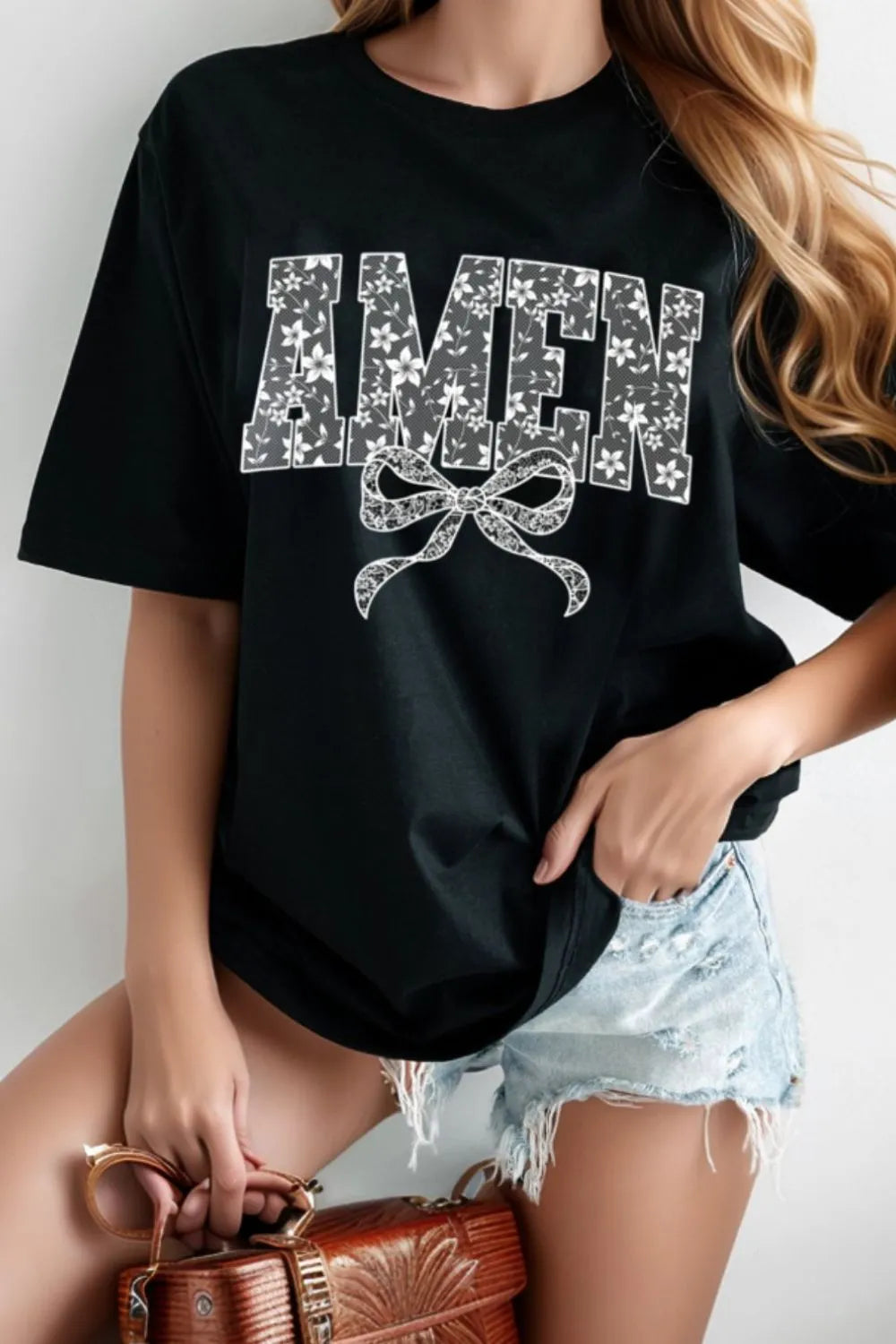 AMEN Bow Women's Round Neck Short Sleeve T-Shirt Design