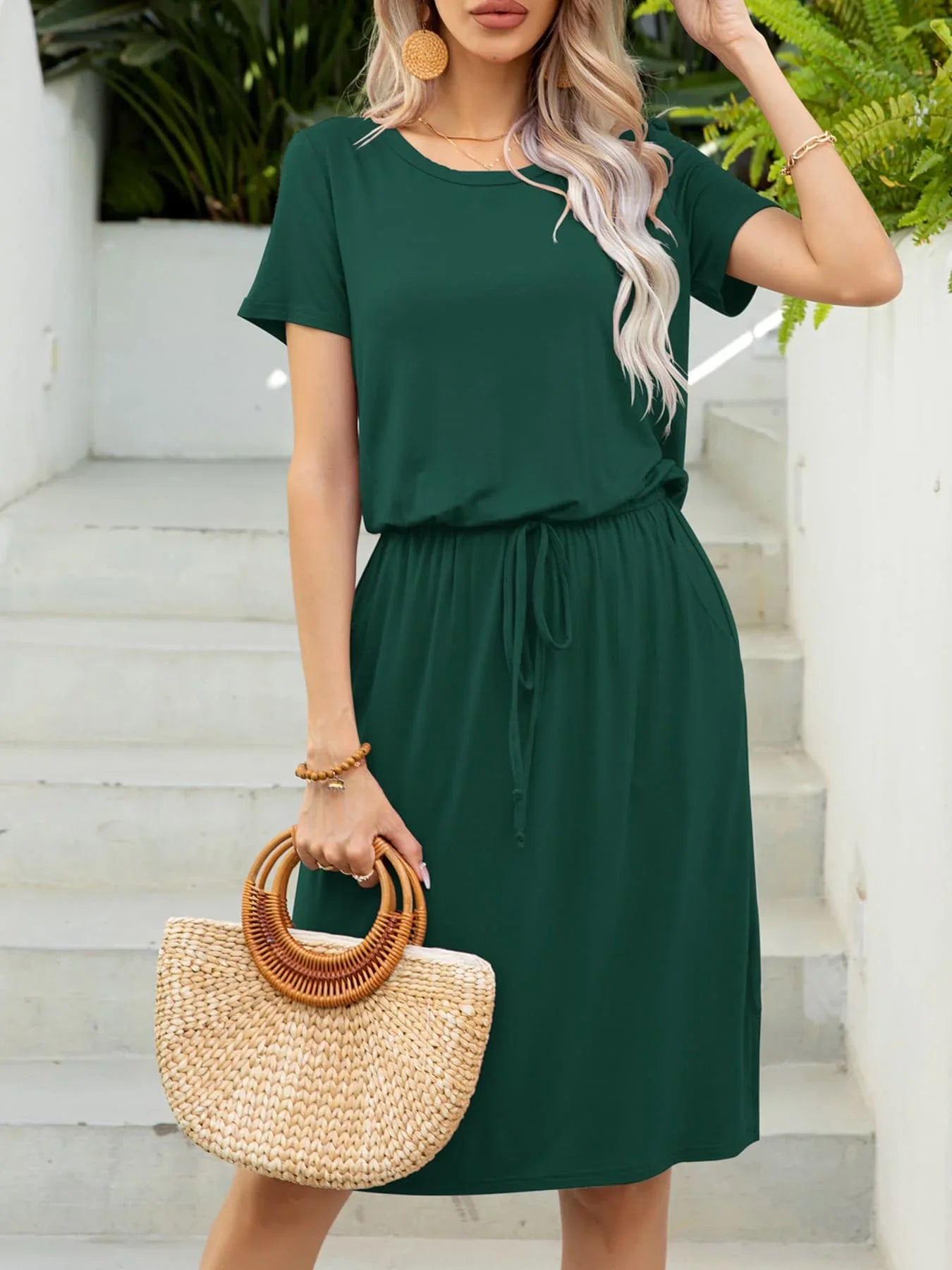 Round Neck Short Sleeve Slit Dress with Pockets - Southern Shores Clothing