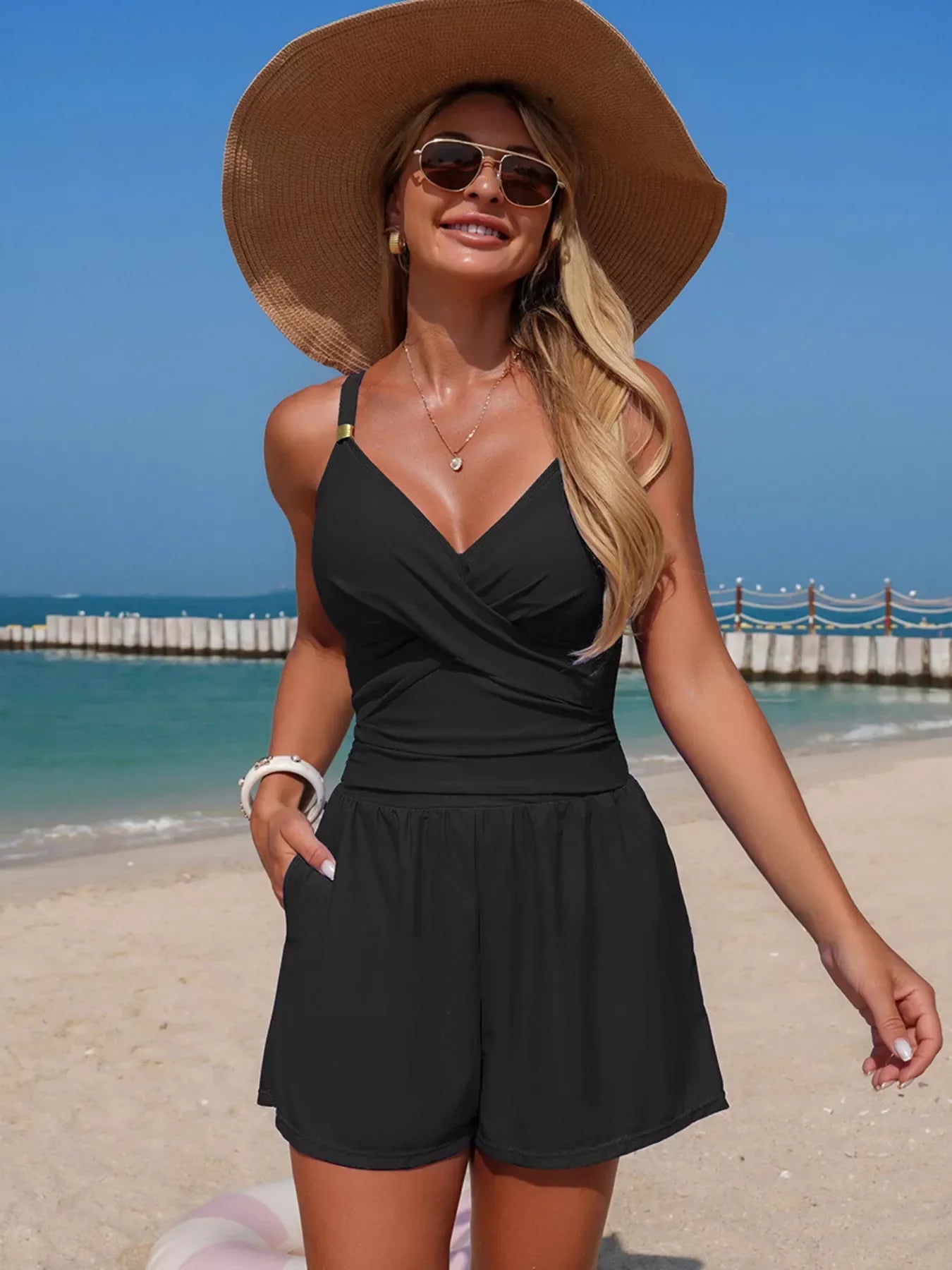 V-Neck Spaghetti Strap One-Piece Swimsuit With Stretch Fabric - Southern Shores Clothing