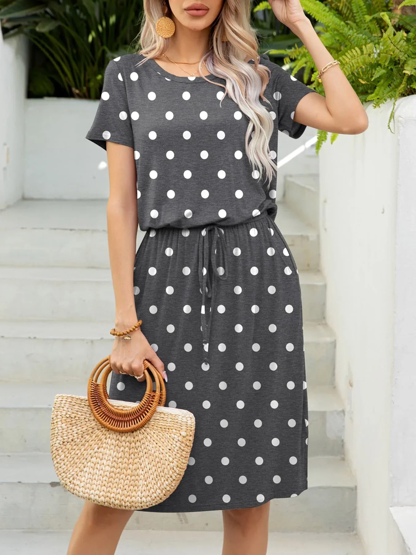 Round Neck Short Sleeve Slit Dress with Pockets - Southern Shores Clothing