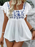 Embroidered Flutter Sleeve Babydoll Blouse - Southern Shores Clothing