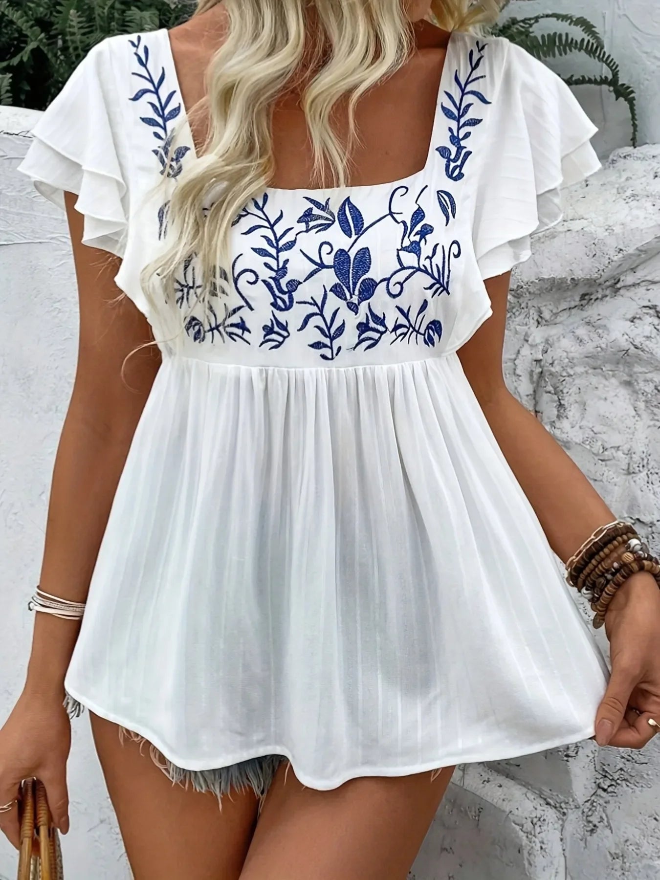 Embroidered Flutter Sleeve Babydoll Blouse - Southern Shores Clothing