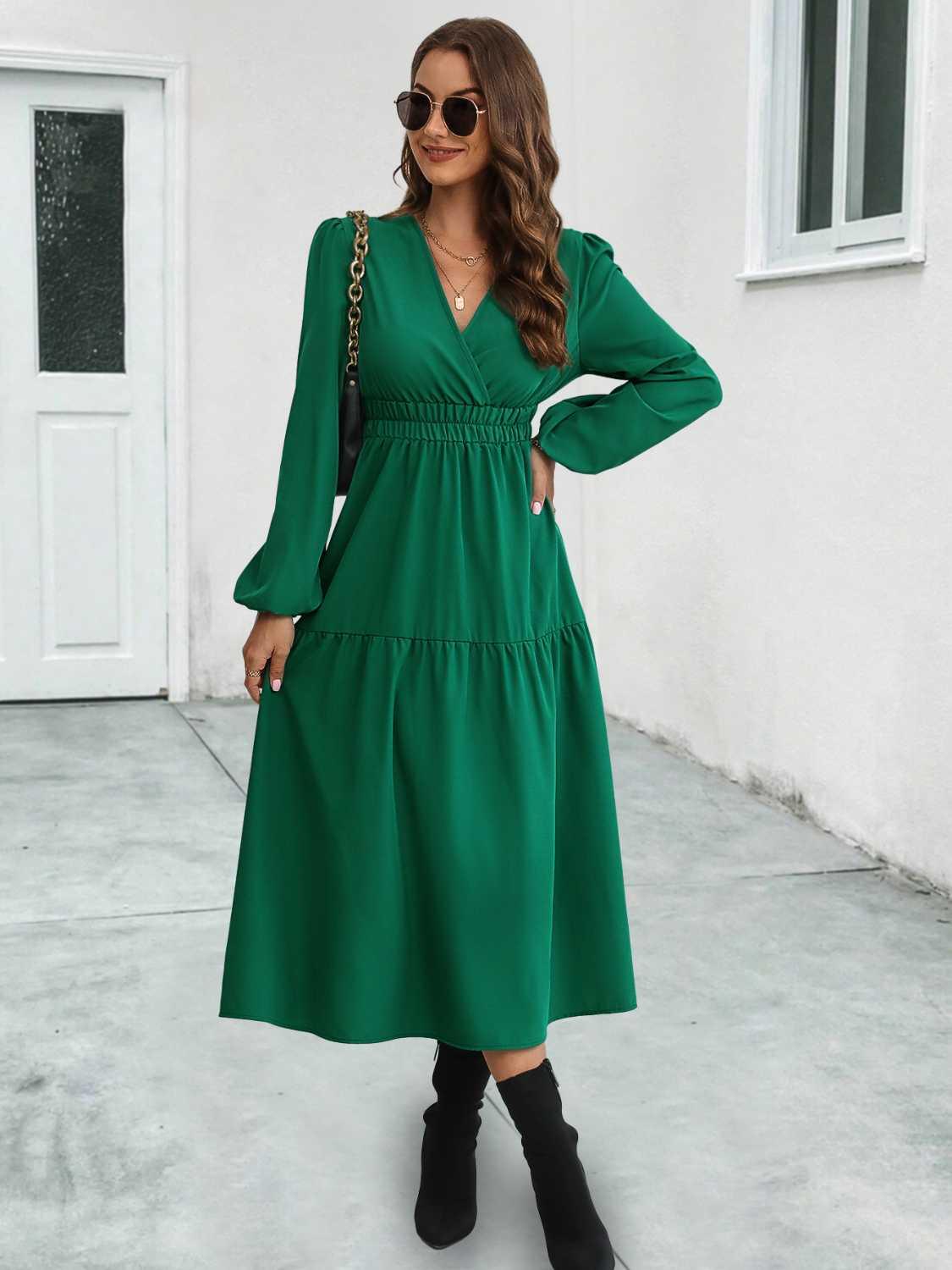 Surplice Neck Long Sleeve Midi Dress Coastal Casual - Southern Shores Clothing