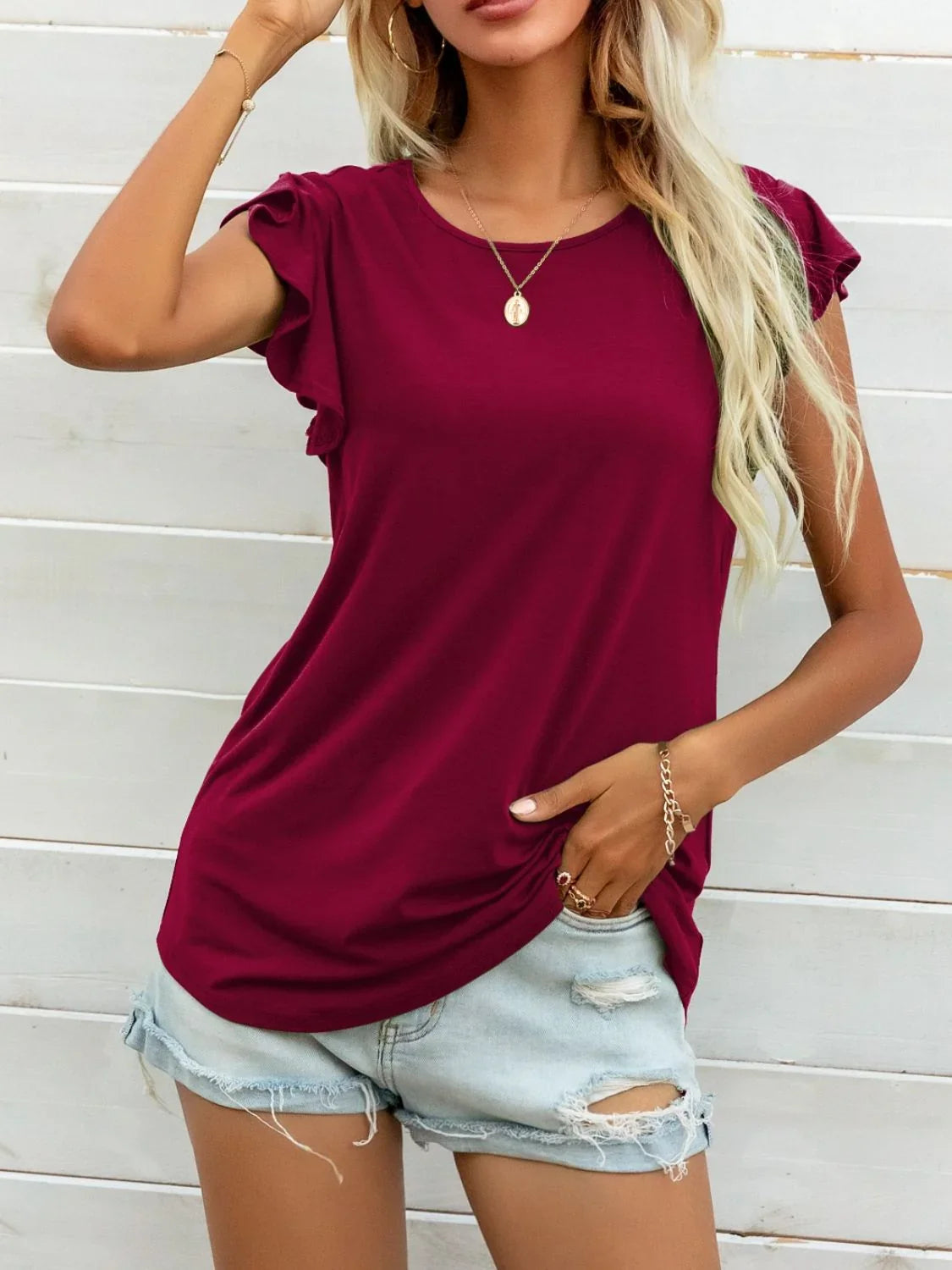 Round Neck Butterfly Sleeve Printed Stretch T Shirt - Southern Shores Clothing