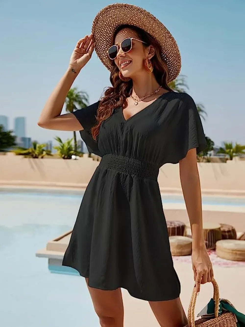 Smocked V-Neck Short Sleeve Dress Lightweight Coastal - Southern Shores Clothing