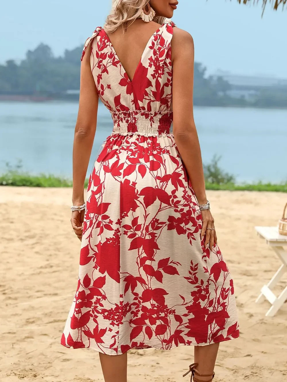 Floral Print Smocked Surplice Midi Dress With Tie Sleeveless - Southern Shores Clothing