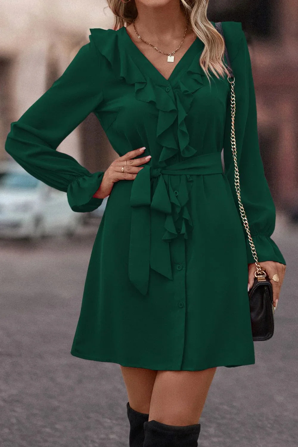 Ruffled Flounce Sleeve V-Neck Belted Dress - Southern Shores Clothing