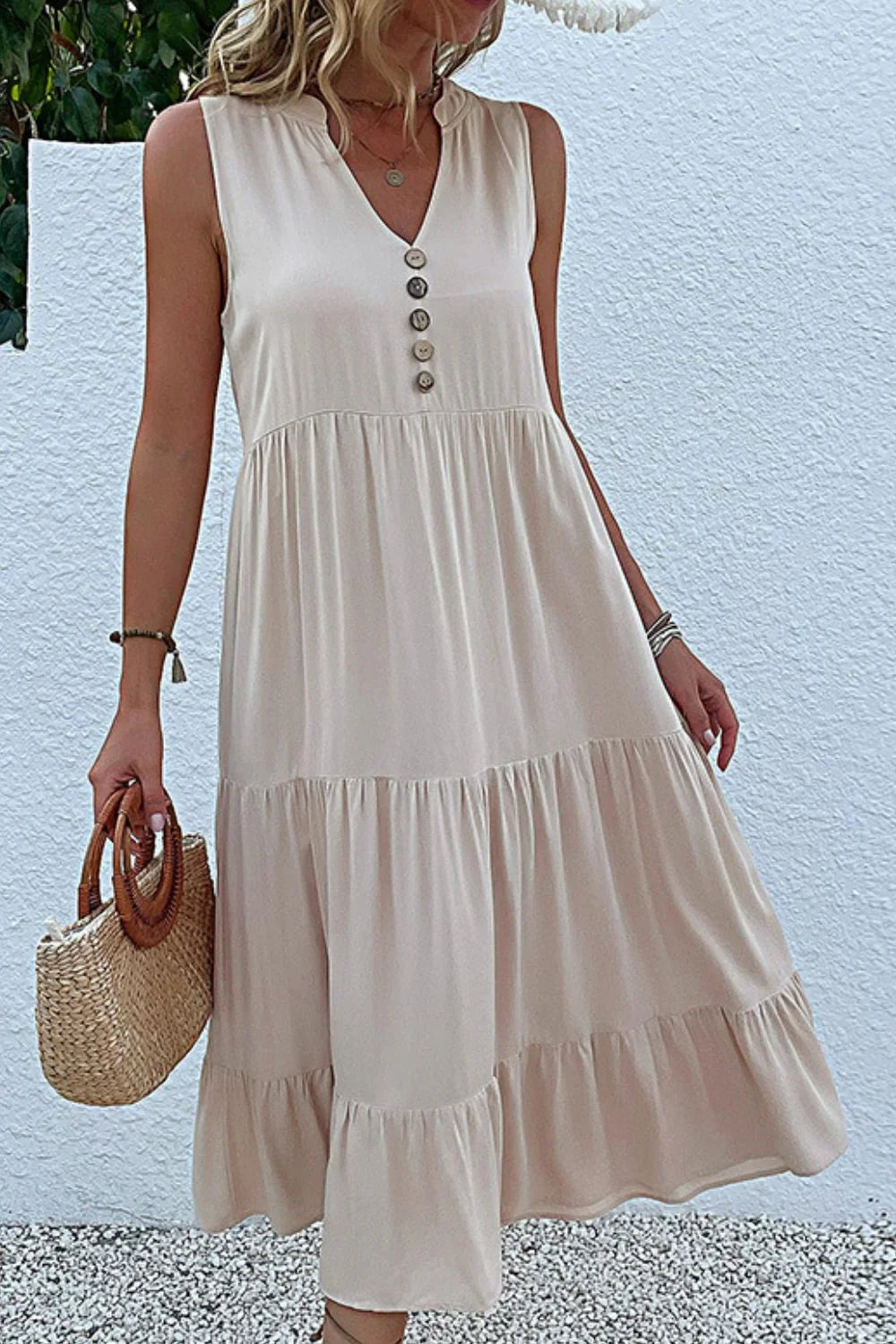 Decorative Button Sleeveless Tiered Dress - Southern Shores Clothing