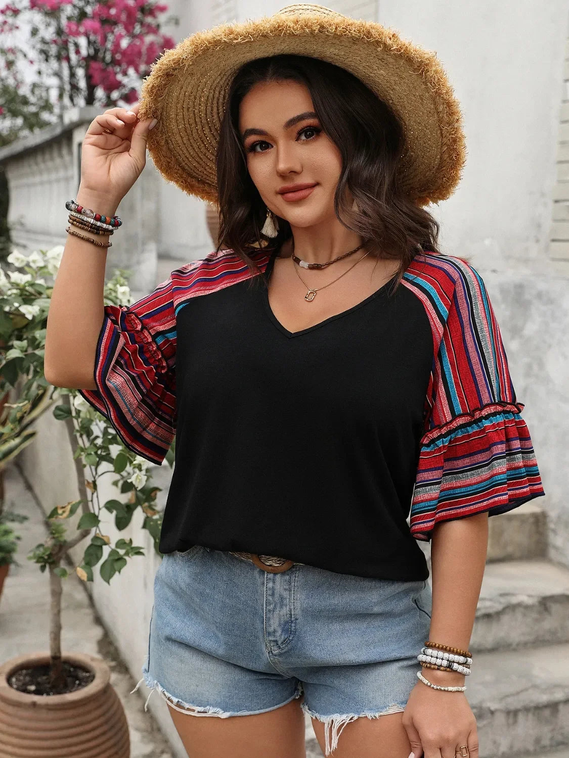 V-Neck Flounce Sleeve Top With Frill Detailing Casual Style - Southern Shores Clothing