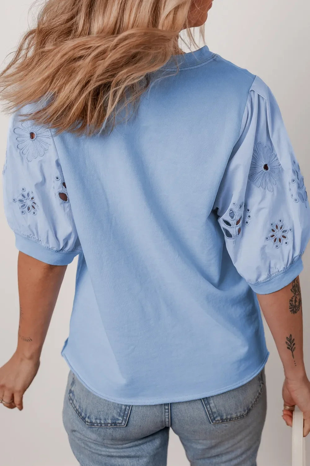 Eyelet Flower Embroidered Patchwork Puff Short Sleeve Blouse - Southern Shores Clothing