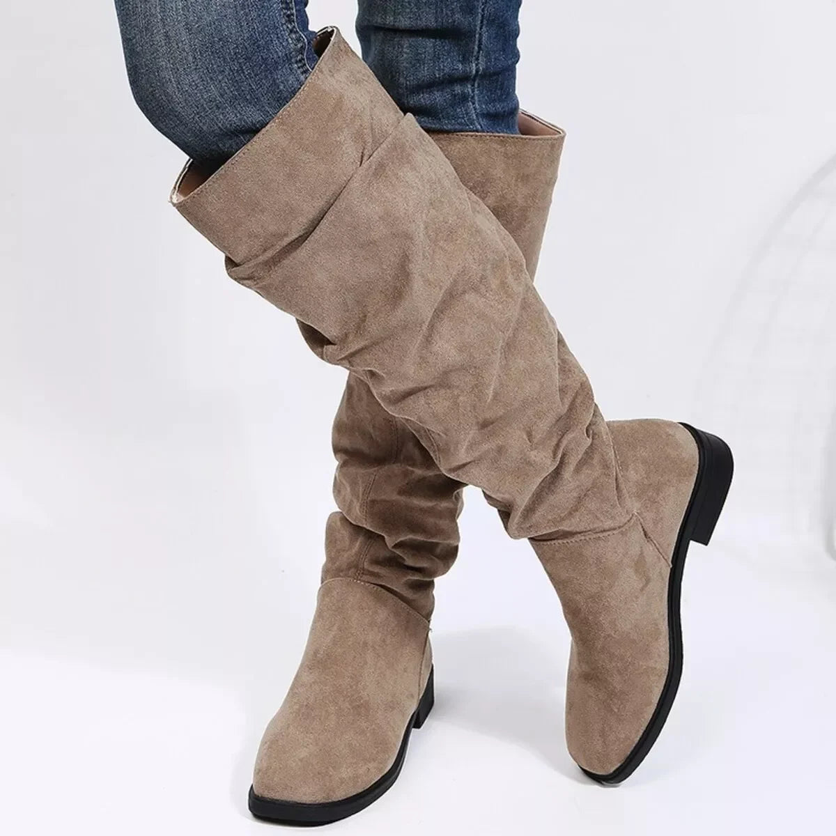Slouchy Knee High Boots Suede Low Heel Casual Comfort - Southern Shores Clothing