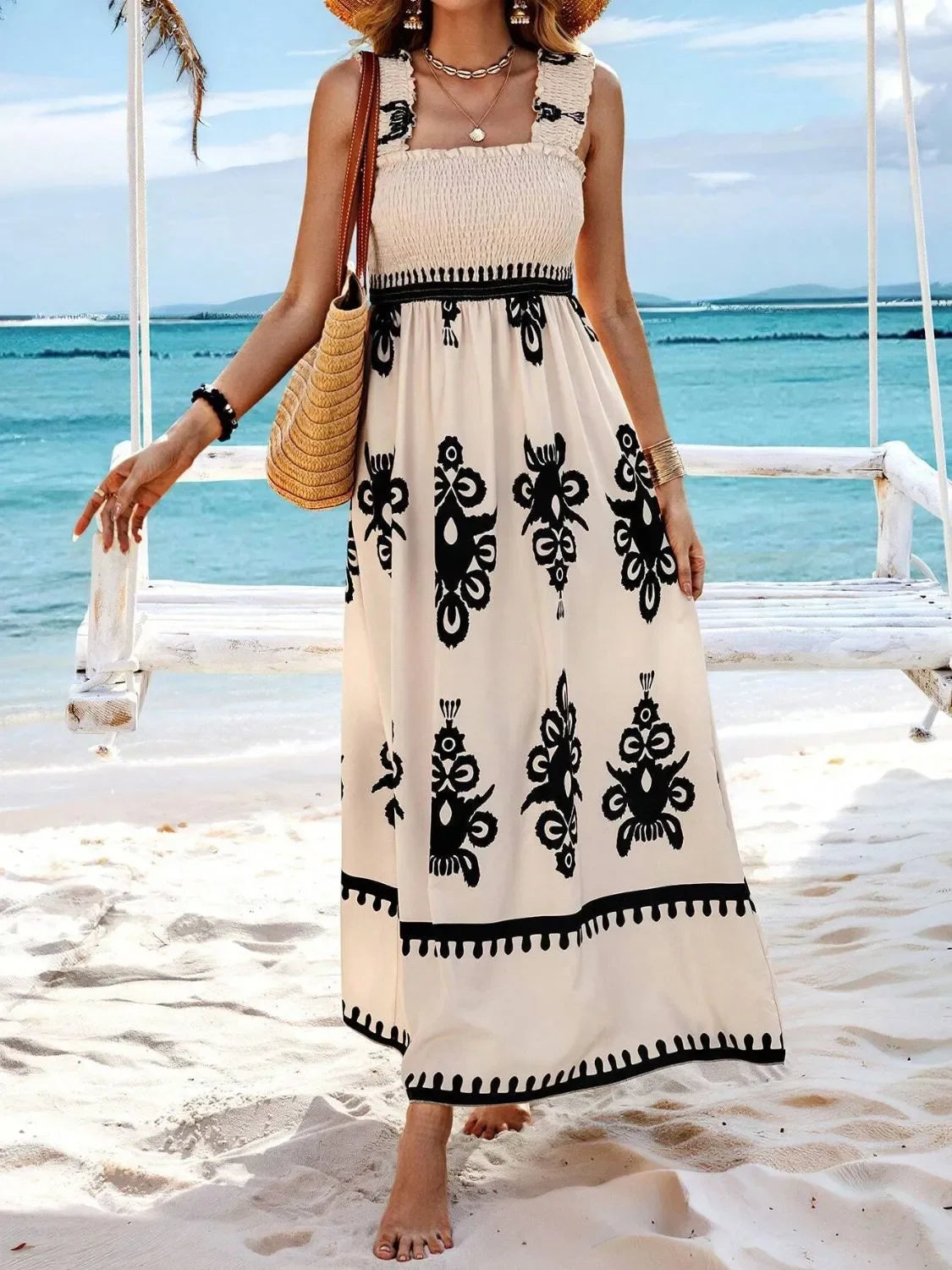 Smocked Printed Maxi Dress With Wide Straps Boho Style Details - Southern Shores Clothing