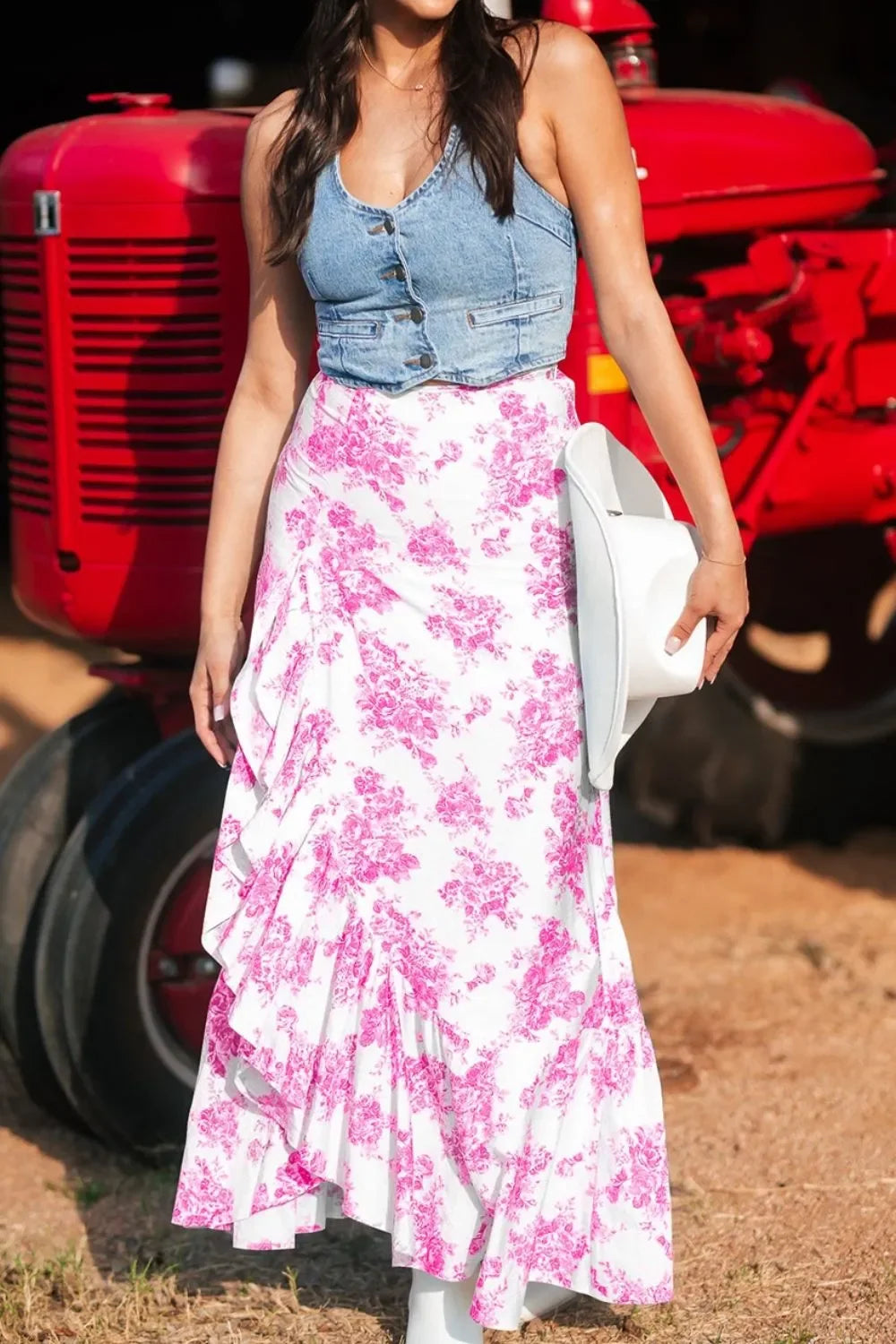 Boho Floral High Waist Ruffle Split Maxi Skirt - Southern Shores Clothing