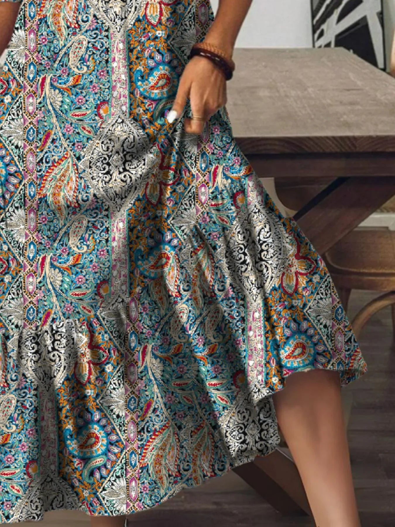 Bohemian Paisley Print V Neck Tiered Midi Dress Pattern - Southern Shores Clothing